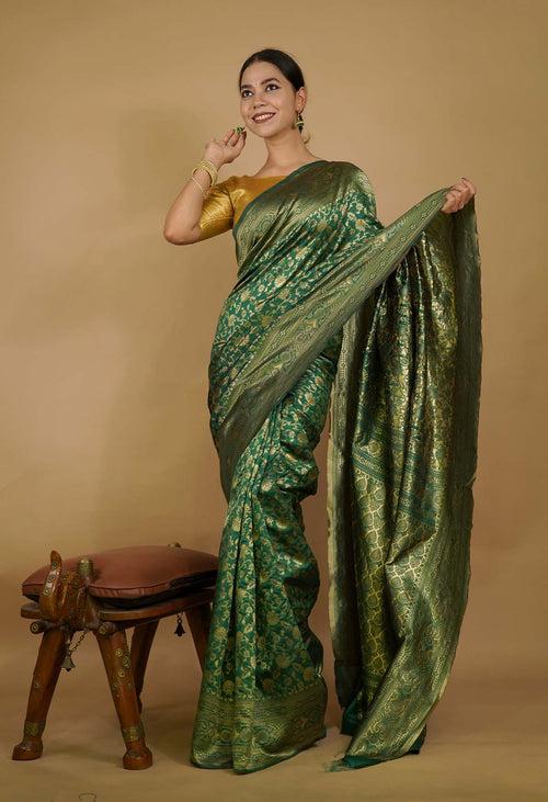 Pre-stitched saree Ethnic Green Kanjeevaram Zari Woven Wrap in 1 minute saree