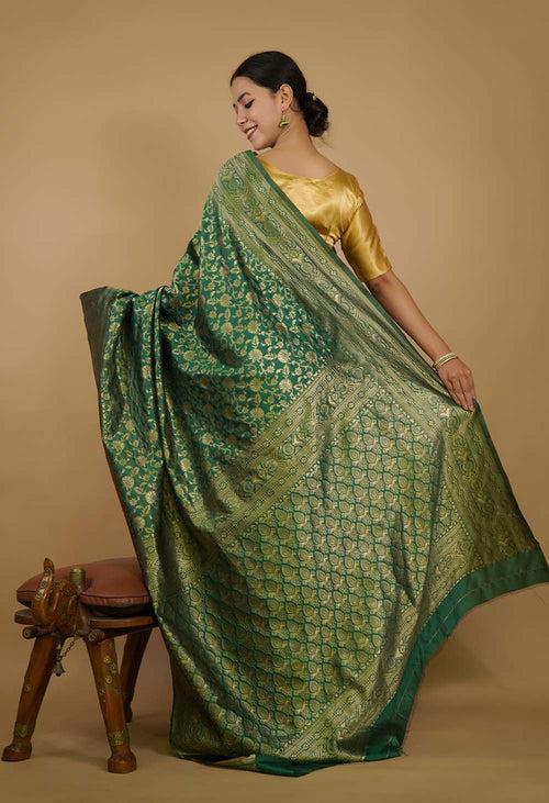 Pre-stitched saree Ethnic Green Kanjeevaram Zari Woven Wrap in 1 minute saree