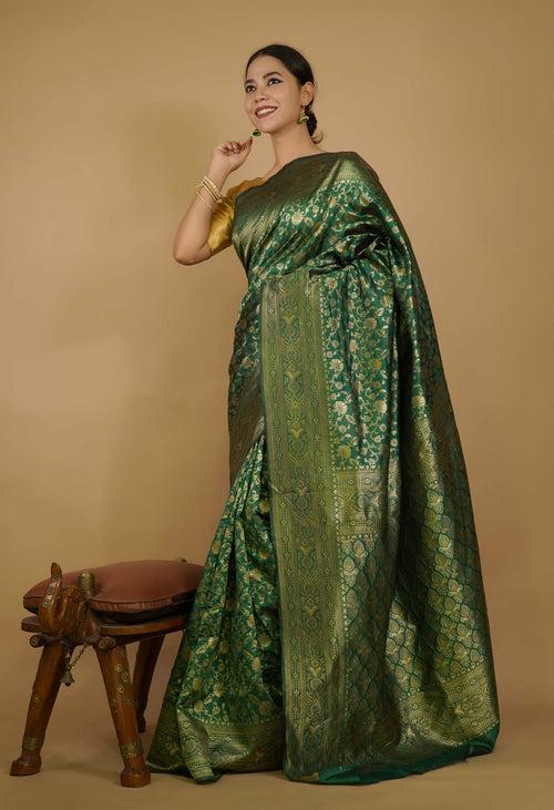 Pre-stitched saree Ethnic Green Kanjeevaram Zari Woven Wrap in 1 minute saree