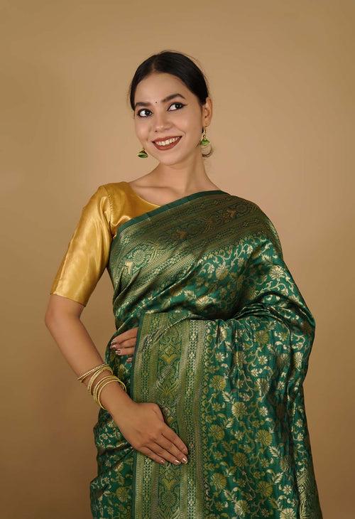 Pre-stitched saree Ethnic Green Kanjeevaram Zari Woven Wrap in 1 minute saree