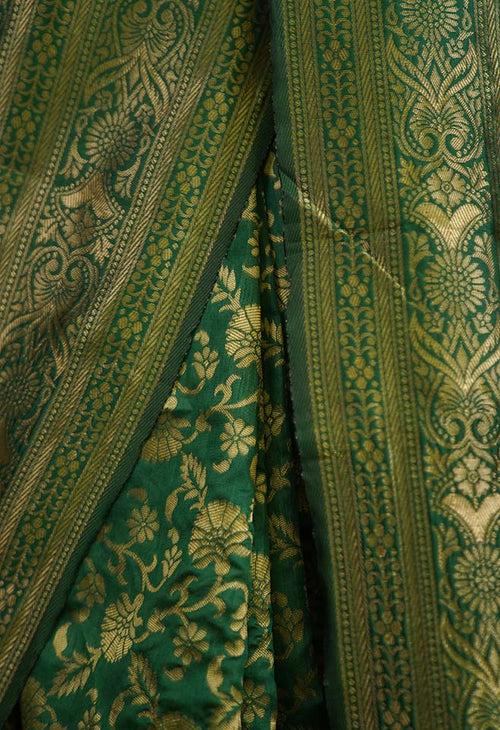 Pre-stitched saree Ethnic Green Kanjeevaram Zari Woven Wrap in 1 minute saree