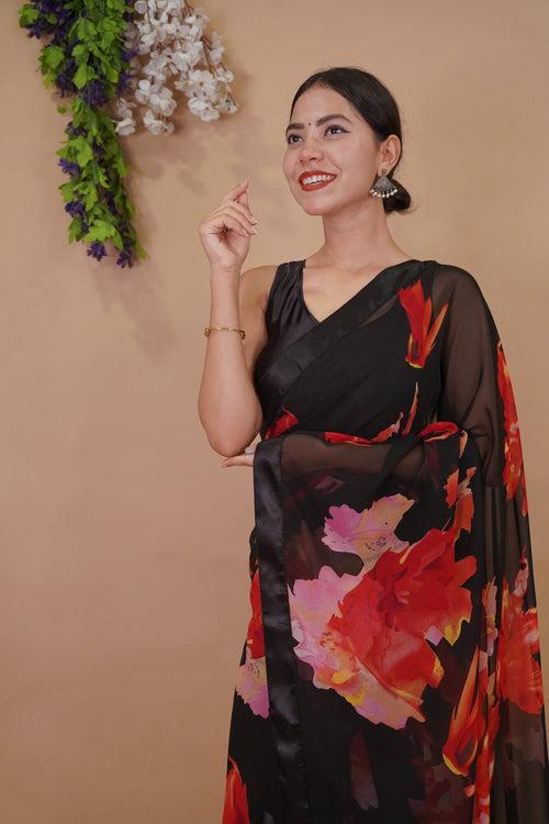 Beautiful  Black Light Weight Georgette  Saree With Floral Print  Wrap In 1 Minute Saree