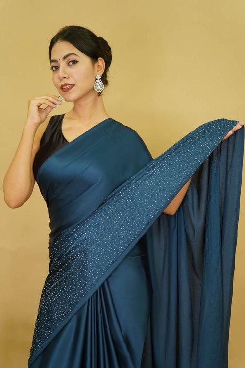 Ready to wear Soft Satin With  Stone Embellished  Overall Wrap In One Minute Saree