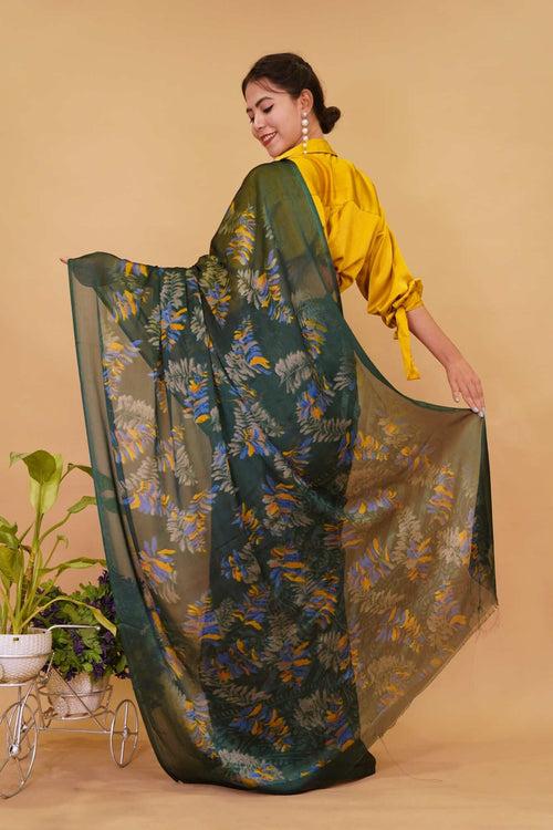 Lightweight &!Soft Dark Green Leaf printed  Stylish  Chiffon saree Wrap in 1 minute saree