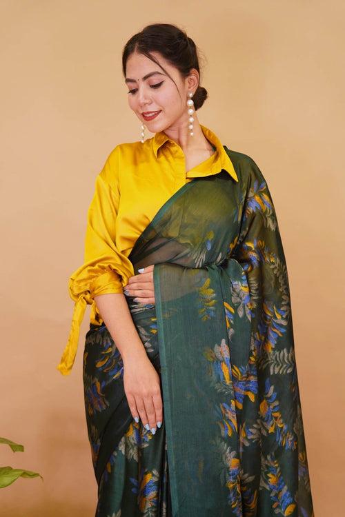 Lightweight &!Soft Dark Green Leaf printed  Stylish  Chiffon saree Wrap in 1 minute saree