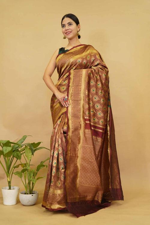 Wedding Rich look Banarasi Zari Woven With jacquard Paisley work Wrap in one minute saree