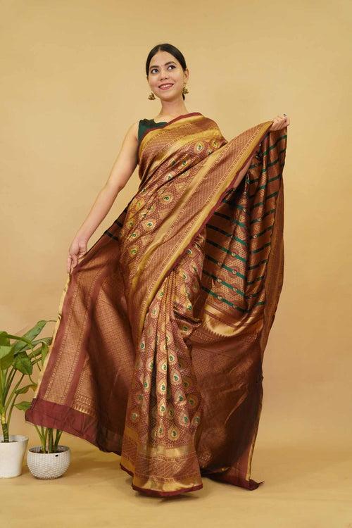 Wedding Rich look Banarasi Zari Woven With jacquard Paisley work Wrap in one minute saree