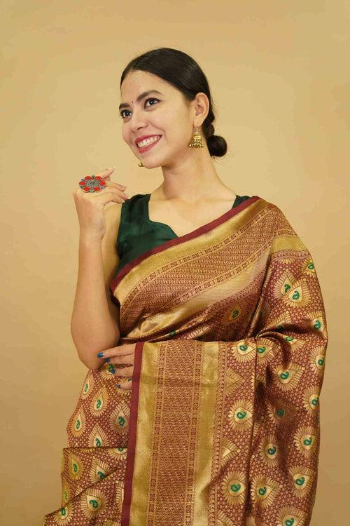 Wedding Rich look Banarasi Zari Woven With jacquard Paisley work Wrap in one minute saree