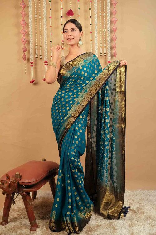 Ready To Wear Blue & Golden Ethnic Zari Woven Banarasi Georgette Silk Zari Detailed   Wrap in 1 minute saree