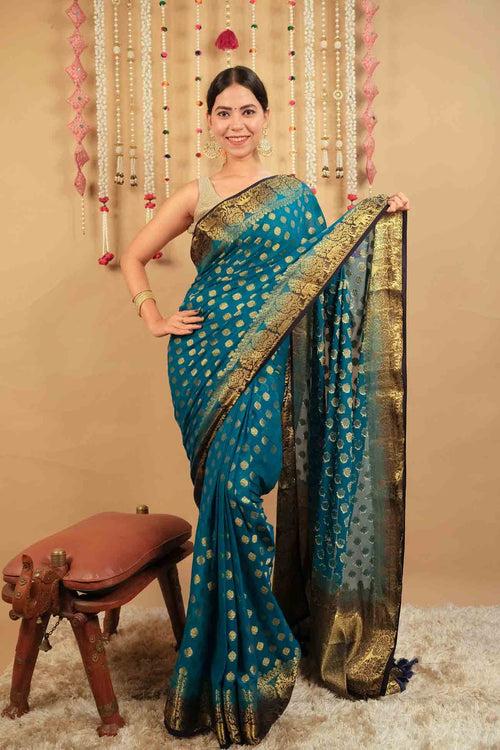 Ready To Wear Blue & Golden Ethnic Zari Woven Banarasi Georgette Silk Zari Detailed   Wrap in 1 minute saree