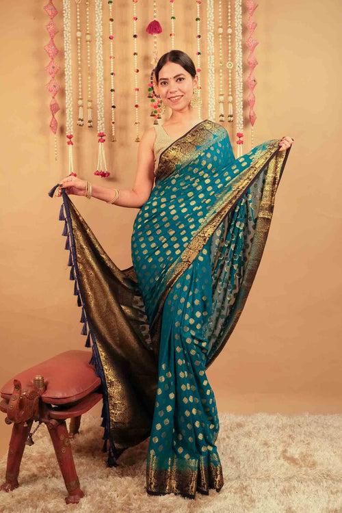 Ready To Wear Blue & Golden Ethnic Zari Woven Banarasi Georgette Silk Zari Detailed   Wrap in 1 minute saree