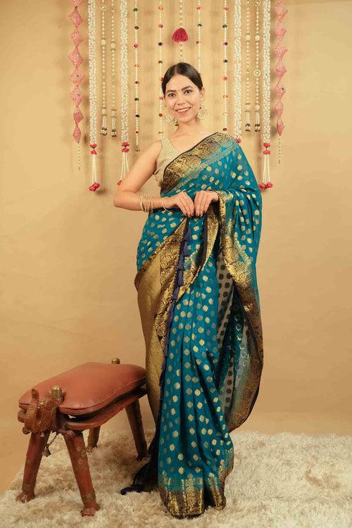 Ready To Wear Blue & Golden Ethnic Zari Woven Banarasi Georgette Silk Zari Detailed   Wrap in 1 minute saree