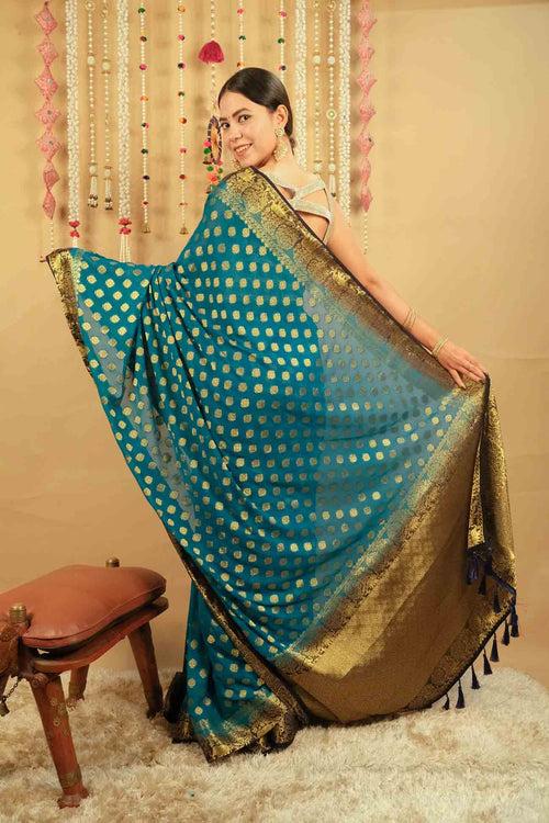 Ready To Wear Blue & Golden Ethnic Zari Woven Banarasi Georgette Silk Zari Detailed   Wrap in 1 minute saree