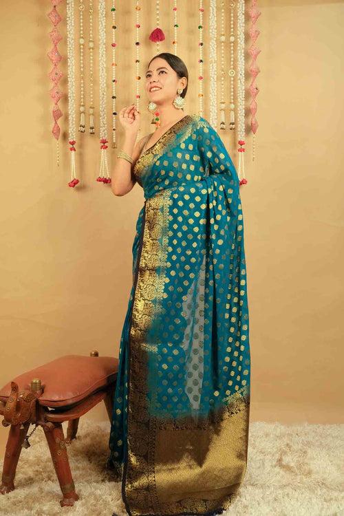 Ready To Wear Blue & Golden Ethnic Zari Woven Banarasi Georgette Silk Zari Detailed   Wrap in 1 minute saree