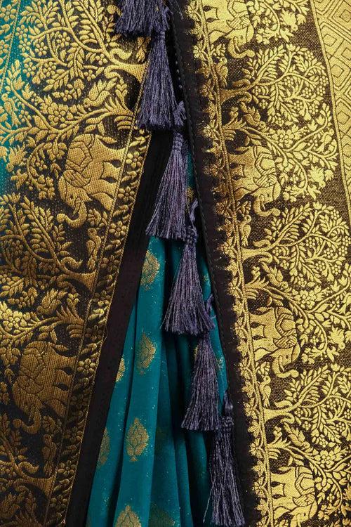 Ready To Wear Blue & Golden Ethnic Zari Woven Banarasi Georgette Silk Zari Detailed   Wrap in 1 minute saree