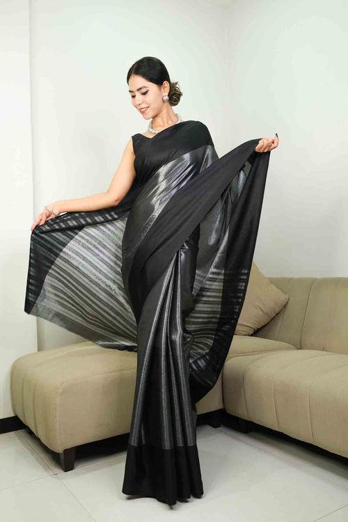 Ready To Wear Beautiful Black & Silver Kanjivaram Cotton Silk Woven Ornate Palla Wrap in one minute saree