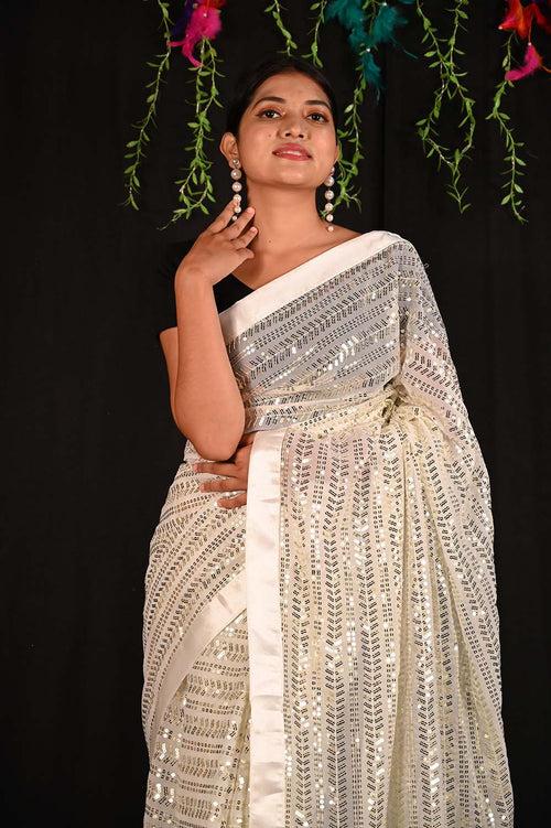 Ready To Wear  Party Embellished Sequined With Solid Border  Wrap in 1 minute saree