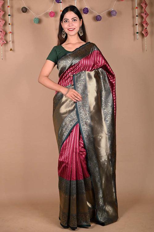 Alluring  Purple Kanchipuram Silk Zari Woven With Contrast Border & Ornate Pallu  Wrap In One Minute Saree