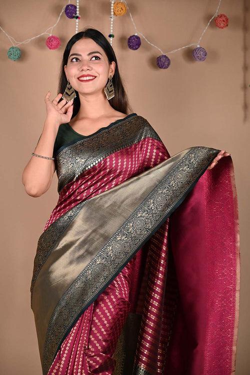 Alluring  Purple Kanchipuram Silk Zari Woven With Contrast Border & Ornate Pallu  Wrap In One Minute Saree