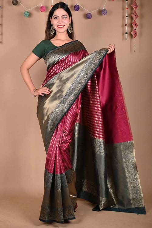 Alluring  Purple Kanchipuram Silk Zari Woven With Contrast Border & Ornate Pallu  Wrap In One Minute Saree