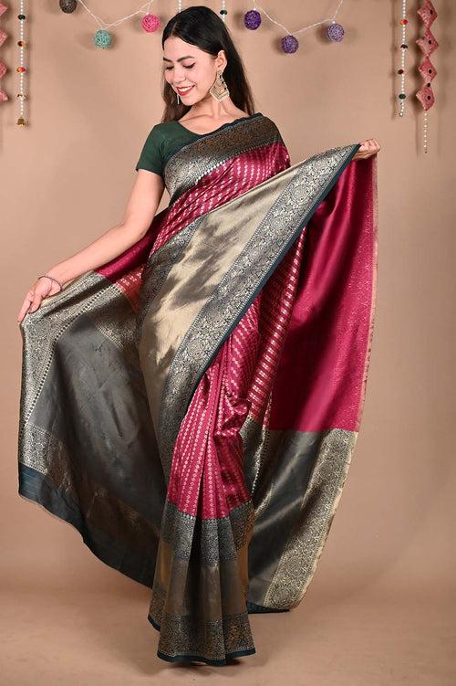 Alluring  Purple Kanchipuram Silk Zari Woven With Contrast Border & Ornate Pallu  Wrap In One Minute Saree