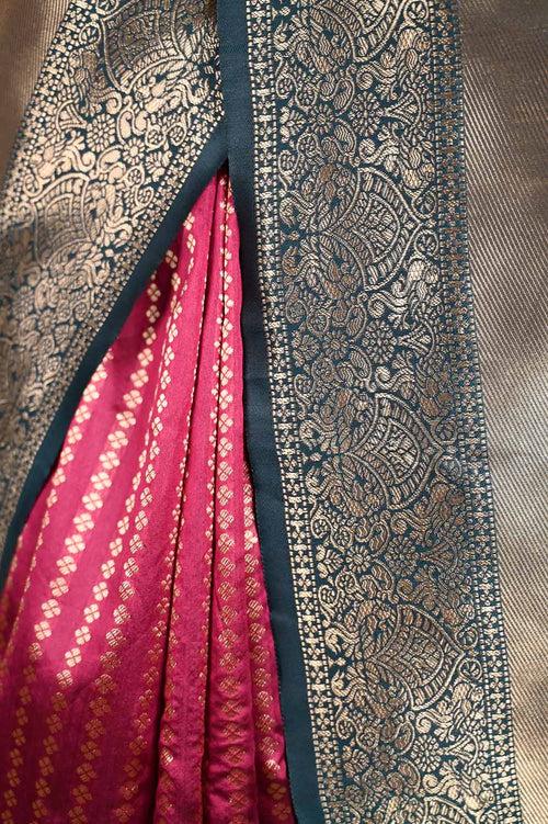 Alluring  Purple Kanchipuram Silk Zari Woven With Contrast Border & Ornate Pallu  Wrap In One Minute Saree