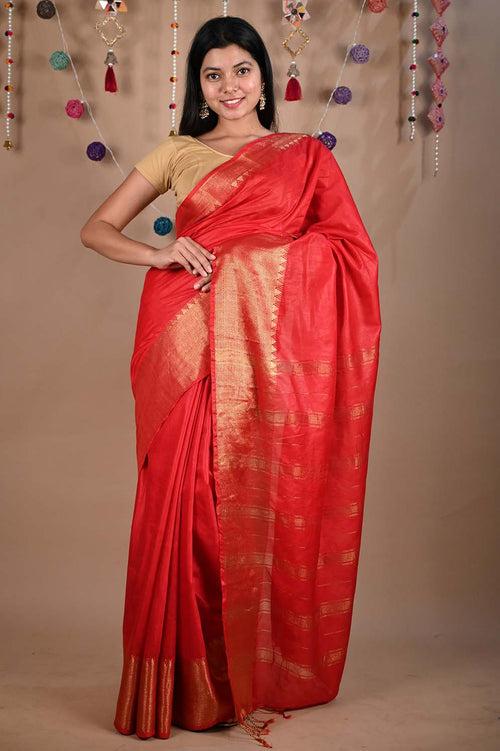 Ready To Wear Red south cotton silk With Zari Temple Border And Ornate Pallu Wrap in 1 minute saree