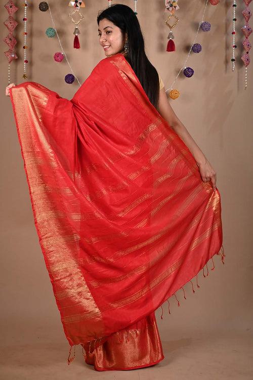 Ready To Wear Red south cotton silk With Zari Temple Border And Ornate Pallu Wrap in 1 minute saree