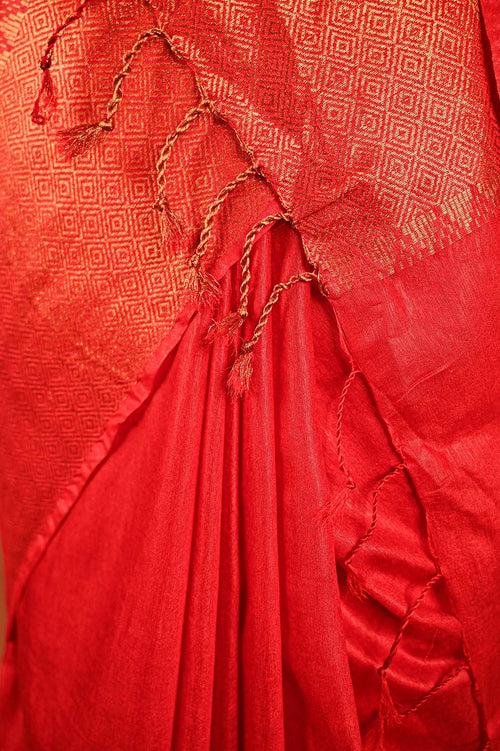 Ready To Wear Red south cotton silk With Zari Temple Border And Ornate Pallu Wrap in 1 minute saree