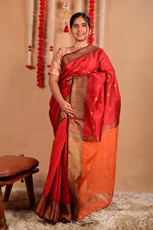 Ready To Wear Red Bhagalpuri Silk With woven zari and Mustard ornate pallu with Tassels one minute saree