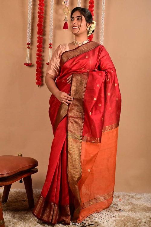 Ready To Wear Red Bhagalpuri Silk With woven zari and Mustard ornate pallu with Tassels one minute saree