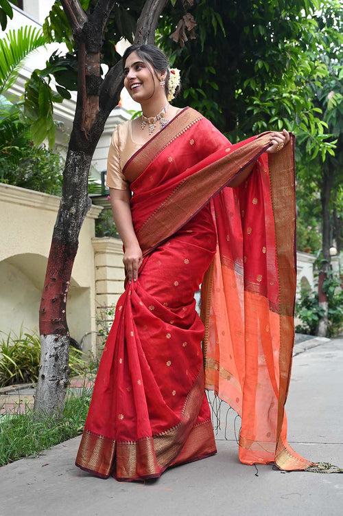 Ready To Wear Red Bhagalpuri Silk With woven zari and Mustard ornate pallu with Tassels one minute saree