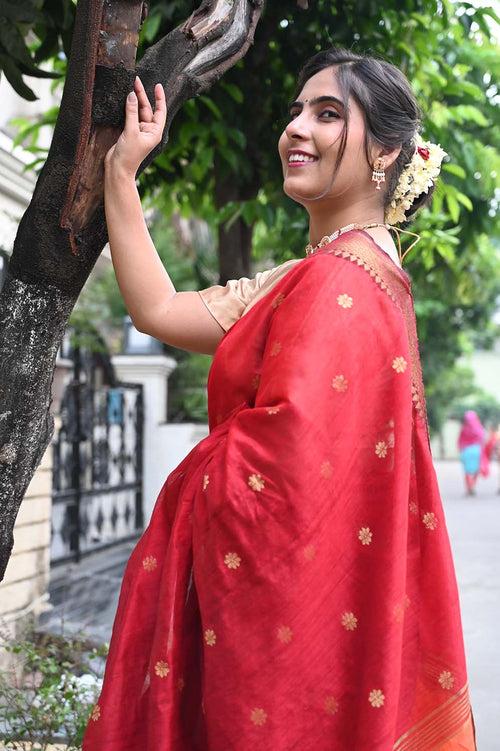 Ready To Wear Red Bhagalpuri Silk With woven zari and Mustard ornate pallu with Tassels one minute saree
