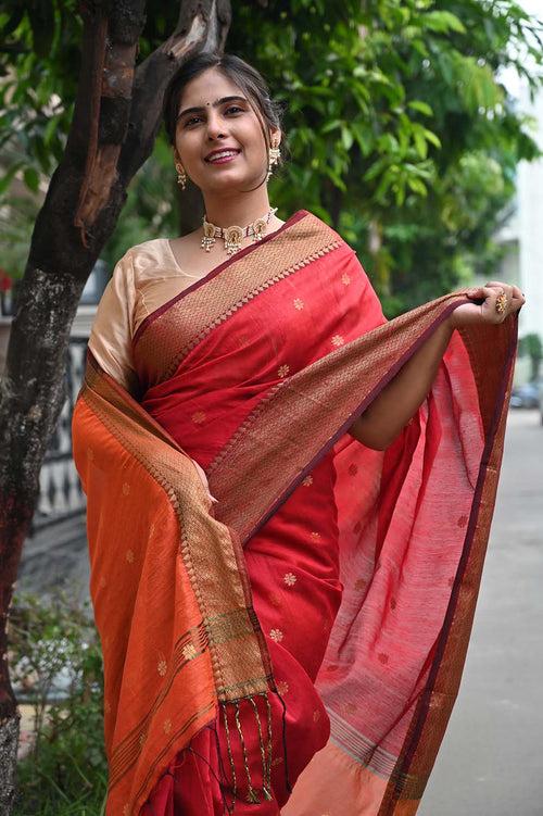 Ready To Wear Red Bhagalpuri Silk With woven zari and Mustard ornate pallu with Tassels one minute saree