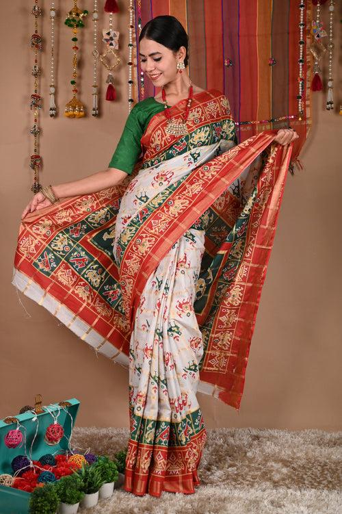 Ready To Wear Woven Panetar patola themed Printed  Wrap in 1 minute saree