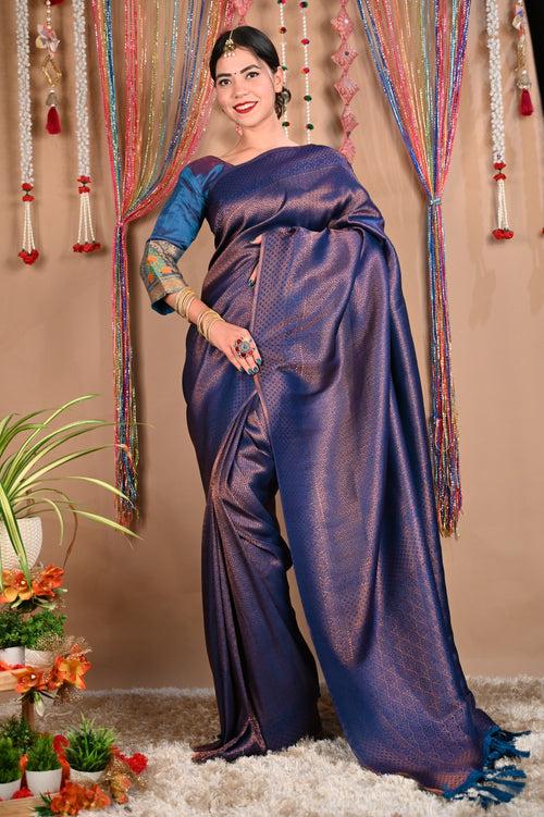 Ready To Wear Sophisticated Wedding Kanjeevaram Teal Ethnic Motif Woven Design Kanjeevaram  Wrap in 1 minute saree