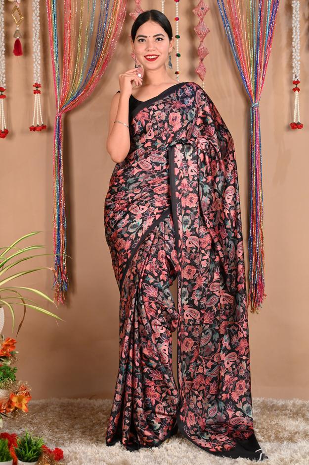 Ready To Wear Black & Pink Floral Printed Satin Wrap In One Minute Saree