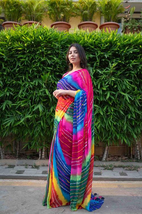 Multicolor Lehriya printed & Soft Chiffon With Tassels on Pallu Wrap in 1 minute saree