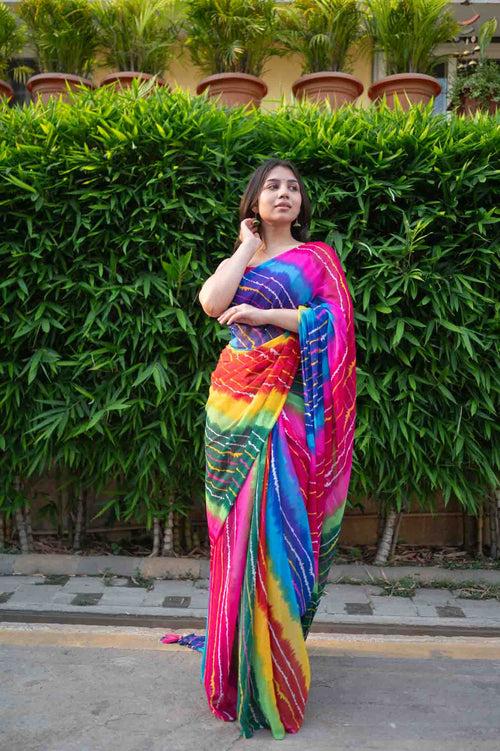 Multicolor Lehriya printed & Soft Chiffon With Tassels on Pallu Wrap in 1 minute saree