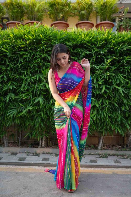 Multicolor Lehriya printed & Soft Chiffon With Tassels on Pallu Wrap in 1 minute saree