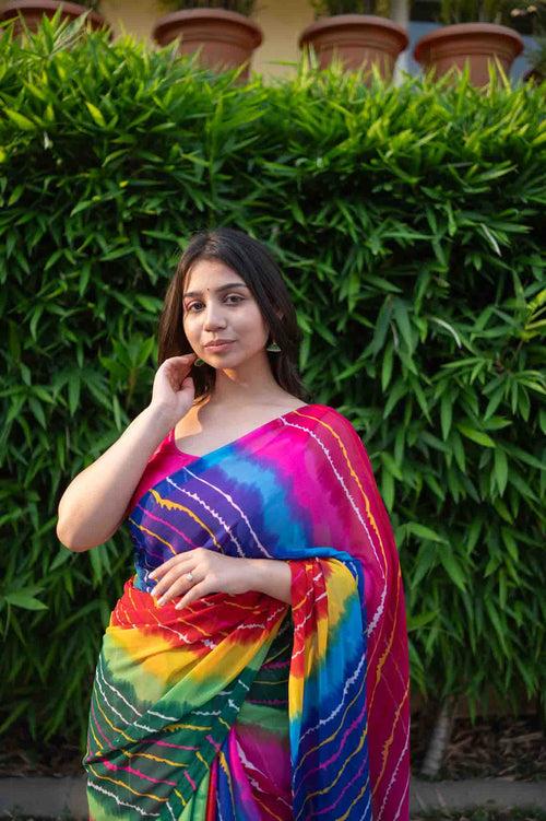 Multicolor Lehriya printed & Soft Chiffon With Tassels on Pallu Wrap in 1 minute saree