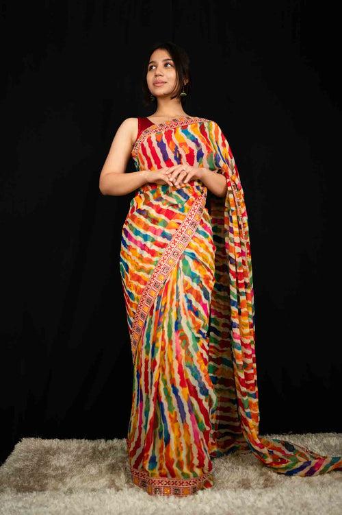 Beautiful Lehriya Soft Georgette With Heavily Zari Embroidered and Stone Embellished  & Tassels on Pallu Wrap in 1 minute saree