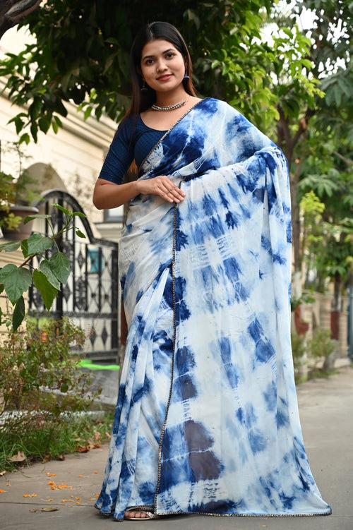 True blue hand dyed vegetable color Shibori Georgette with sequins embellished  Wrap in 1 minute saree