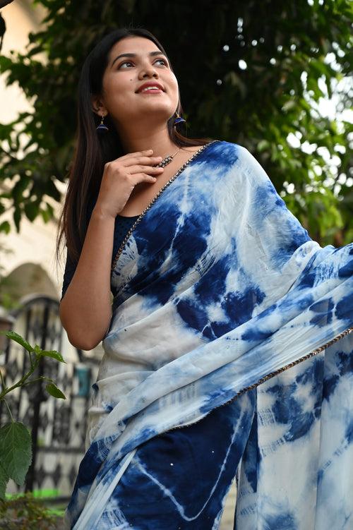 True blue hand dyed vegetable color Shibori Georgette with sequins embellished  Wrap in 1 minute saree