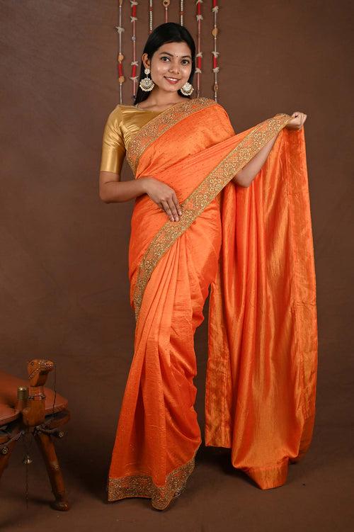 Ready to wear crepe jute silk Heavy Zari Embroidered with Stone Work Border wrap in 1 minute saree