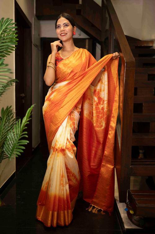 Premium  Orange Shibori Bhagalpuri Cotton Silk with woven Zari and sequins With Ornate Pallo   Wrap in 1 minute saree