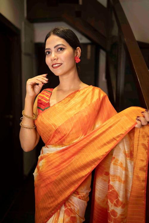 Premium  Orange Shibori Bhagalpuri Cotton Silk with woven Zari and sequins With Ornate Pallo   Wrap in 1 minute saree