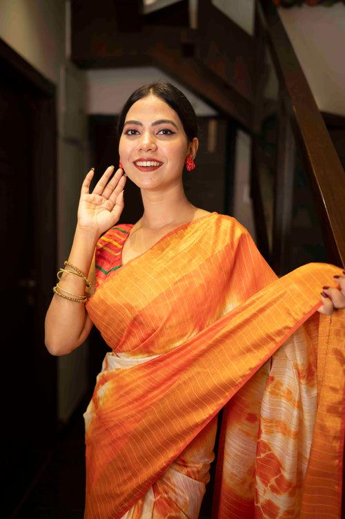 Premium  Orange Shibori Bhagalpuri Cotton Silk with woven Zari and sequins With Ornate Pallo   Wrap in 1 minute saree