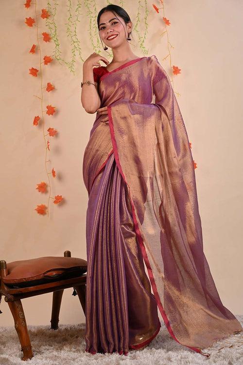 Ready To Wear Organza Tissue With Tassels Dhoop Chaanv Wine On Pallu  Wrap in 1 minute saree