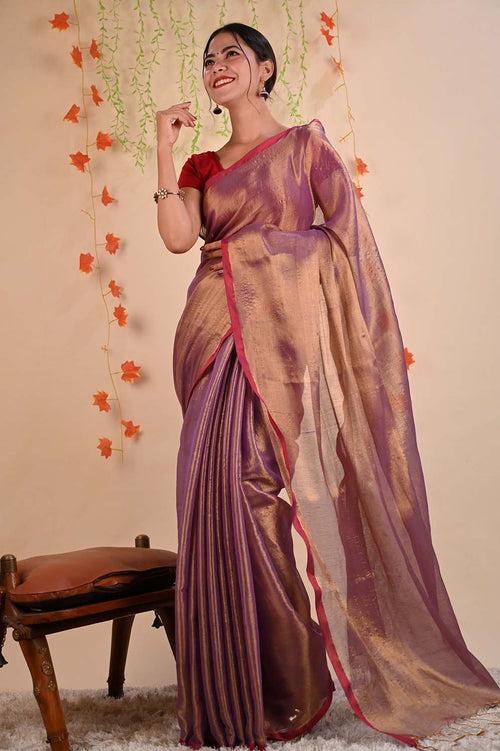 Ready To Wear Organza Tissue With Tassels Dhoop Chaanv Wine On Pallu  Wrap in 1 minute saree